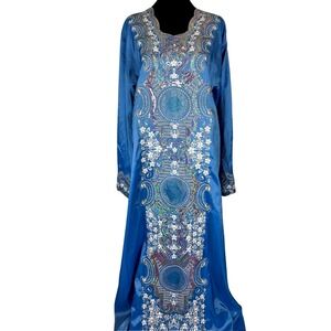Luxurious Blue Kaftan Abaya Embellished Maxi Dress Long Sleeve